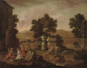 A River Landscape With Classical Ruins And Figures Conversing by Jan Baptiste Huysmans