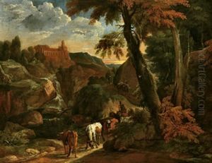 Gebirgige Waldlandschaft Mit Einem Kastell, Einem Wasserfall Und Hirten Mit Ihrer Herde (+ Waldlandschaft Mit Einem Maultiertreiber Und Kuhen An Einem Bach; Pair)