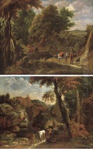 A Landscape With A Muleteer On A Path And A Herdsman Resting (+ An Italianate Landscape With Cattle On A Path; Pair) by Jan Baptiste Huysmans