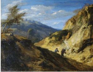 Travellers In A Mountainous Landscape by Jan Baptiste Huysmans