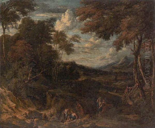 A Wooded Landscape With Classical Figures On A Path And By A Stream, A Villa Beyond - view 1