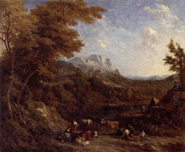 A Wooded Landscape With Peasants And Their Livestock Resting By A River - view 1