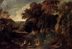 Grose Waldlandschaft Mit Einem Hirten Und Herde by Jan Baptiste Huysmans