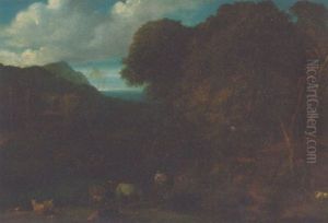 A Wooded River Landscape With Peasants On A Track, A Ruin Beyond by Jan Baptiste Huysmans