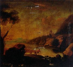 A Rocky Coastline With Fishermen Gathering Their Nets Before A Waterfall by Jan Baptiste Huysmans