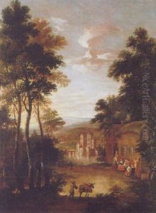 A Wooded Landscape With A Traveller, Villagers Outside An Inn, A Manor House On A Lake And Mountains Beyond