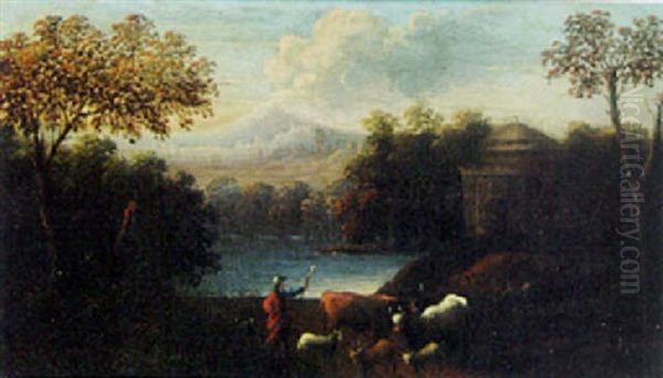 River Landscape With Drovers On A Path - view 1
