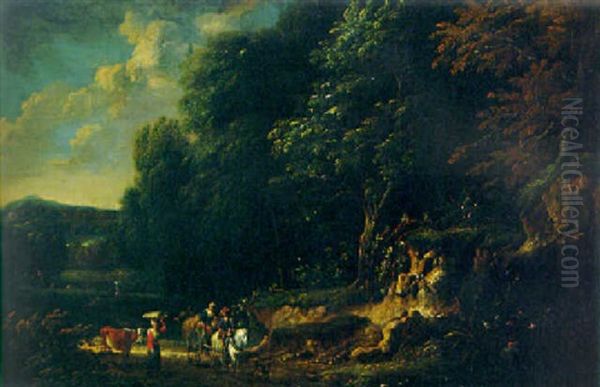 A Wooded Landscape With Peasants On A Cart On A Track - view 1