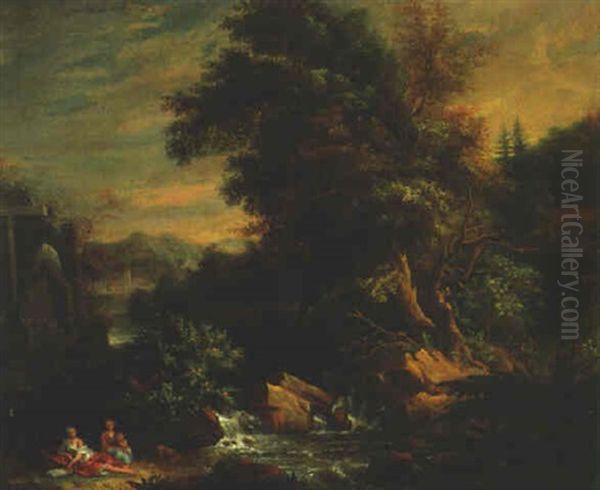 A Wooded River Landscape With Figures Resting By A Waterfall, Classical Ruins And A Homestead Beyond - view 1