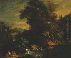 A Wooded River Landscape With Figures Resting By A Waterfall, Classical Ruins And A Homestead Beyond A Wooded River Landscape With Figures Resting By A Waterfall, Classical Ruins And A Homestead Beyond