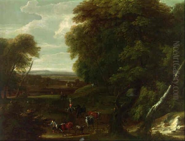 A Wooded Landscape With Drovers On A Track - view 1