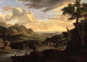 Gebirgige Fluslandschaft Mit Einem Angler Gebirgige Fluslandschaft Mit Einem Angler