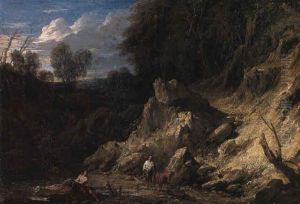 A Rocky Landscape With Men Bathing At A Pool