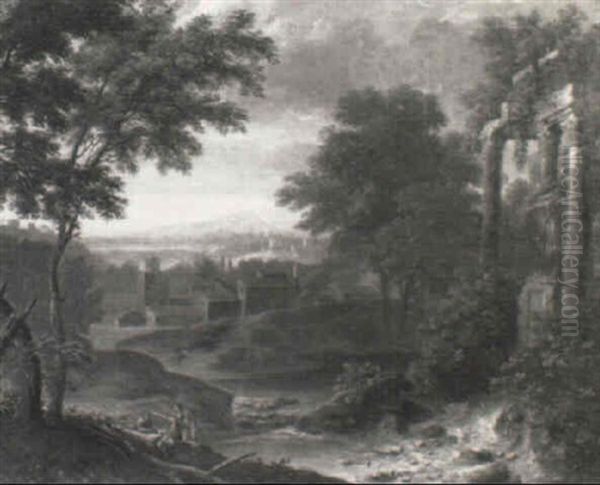 A River Landscape With Classical Ruins And Soldiers Resting By A Tree - view 1