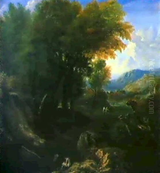 Bewaldete Gebirgslandschaft Mit Rastenden An Einem Tumpel. - view 1