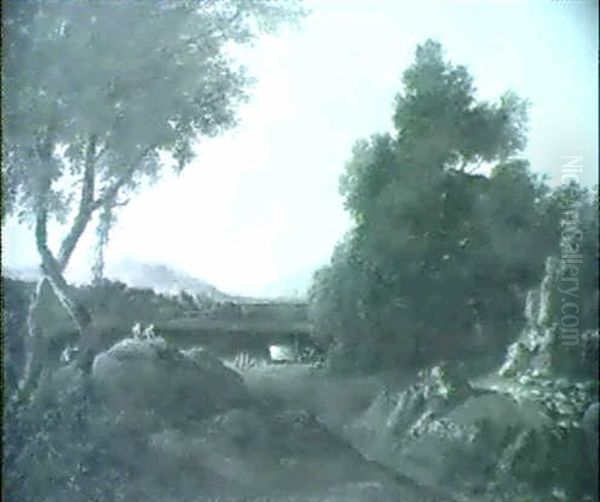 Figures Unloading A Boat, Beyond A Wooded Rocky Bank In An Extensive River Valley - view 1