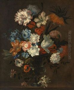 Bouquet De Tulipes, Oeillets Et Chevrefeuille Dans Un Vase by Justus van Huysum