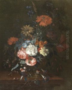 Roses, Morning Glory, Poppies And Other Flowers In A Terracotta Urn