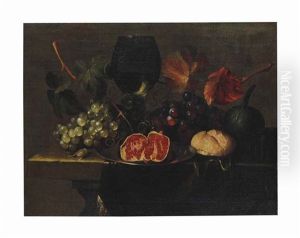 A Roemer, Grapes, A Gourd, Bread And A Pomegranate On A Pewter Plate On A Draped Table