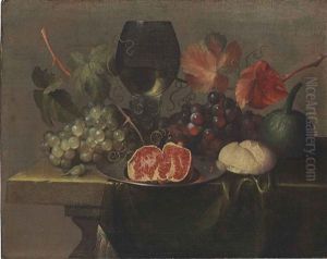 A Roemer, Grapes, A Gourd, Bread And A Pomegranate On A Pewter Plate On A Draped Table