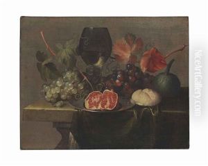 A Roemer, Grapes, A Gourd, Bread And A Pomegrante On A Pewter Plate On A Draped Table by Justus van Huysum