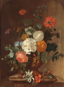 Stillleben Mit Rosen, Glockenblumen, Mohn, Pfingstrosen Und Passionsblumen In Einer Terrakottavase