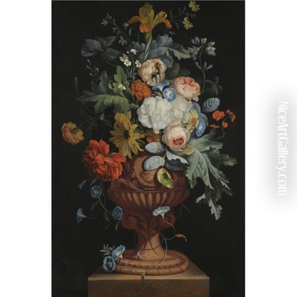 A Still Life Of Roses, Carnations, Daisies, And Irises In A Sculpted Urn Over A Stone Ledge - view 1