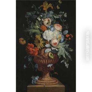 A Still Life Of Roses, Carnations, Daisies, And Irises In A Sculpted Urn Over A Stone Ledge