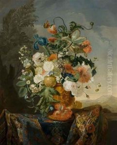 Still Life With Flowers And An Oriental Rug Before A Country Landscape Still Life With Flowers And An Oriental Rug Before A Country Landscape
