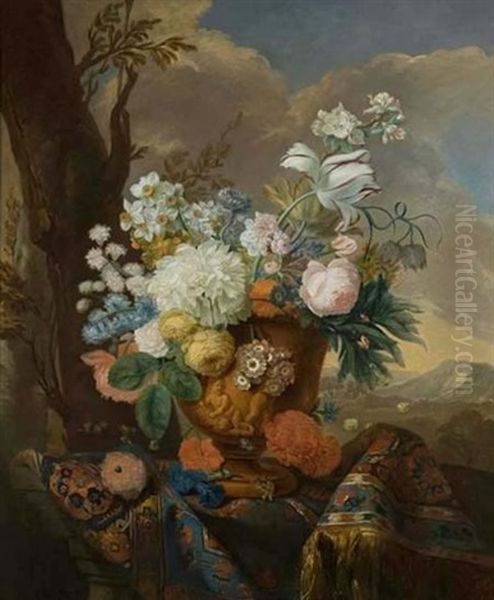 Still Life With Spring Flowers, Terracotta Urn And An Oriental Rug - view 1