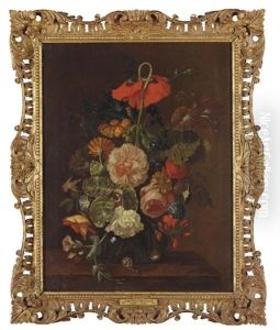 Marigolds, Peonies, Sweetpeas, Thistle, A Rose, An Iris And Other Flowers In A Glass Vase by Justus van Huysum
