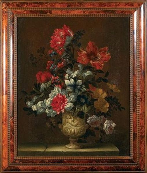 Bouquet De Fleurs Dans Un Vase Orne D'une Figure En Rond-bosse; Jupiter Enfant Nourri Par La Chevre Amalthee - view 1