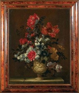 Bouquet De Fleurs Dans Un Vase Orne D'une Figure En Rond-bosse; Jupiter Enfant Nourri Par La Chevre Amalthee