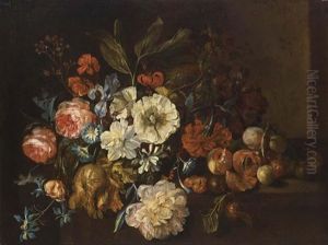 A Still Life Of Roses, Small Morning Glory, Tulips, Red Turban Cup Lilies, An Iris And Other Flowers, Peaches And Prunes, All On A Stone Ledge