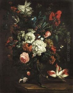 Still Life Of Roses, Peonies, Morning Glory And Other Flowers In A Sculpted Urn On A Stone Ledge by Justus van Huysum