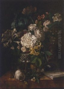 Roses, Irises, Violets And Other Flowers In A Cut-glass Vase, With A Finch On A Table