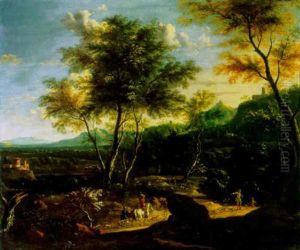 A Wooded Landscape With A Hunting Party On A Path, A Castle And Mountains Beyond