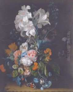 Lilies, Roses, Carnations And Other Flowers In A Glass Vase On A Stone Ledge With A Butterfly by Justus van Huysum