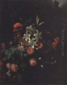 Roses, Lilies, A Poppy, Morning Glory And Other Flowers In A Basket On A Ledge Partly Draped With A Carpet by Justus van Huysum