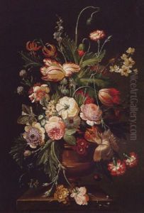 Still Life Of Roses, Variegated Tulips, Carnations, Chyrsanthemums And Other Flowers In A Vase, Upon A Stone Pedestal