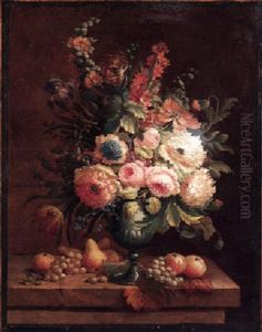 A Still Life Of Roses, Chrysanthemums, Tulips And Other Flowers In An Urn, With Pears, Apples And Grapes All On A Stone Ledge by Justus van Huysum