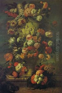 Roses, Lilies And Other Flowers In A Basket On A Ledge Partly Draped With A Carpet