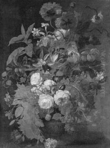 Bouquet De Fleurs Dans Un Vase En Pierre Sculpte Sur Un Entablement