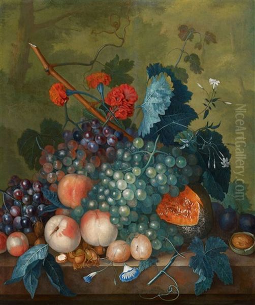 Fruit Still Life With Melon, Grapes, Plums And Hazelnuts - view 1