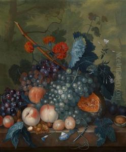 Fruchtestillleben Mit Birnen, Pfirsichen, Trauben, Granatapfeln Und Anderen Fruchten (pair, 1 Oil On Wood) by Jacob van Huysum