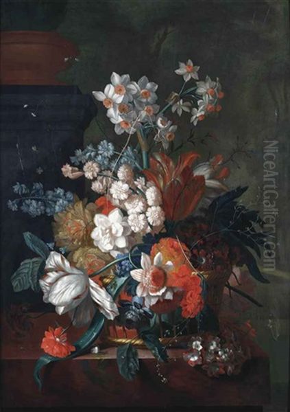 Tulips, Peonies, Roses And Various Other Flowers In A Wicker Basket, With A Snail On A Marble Ledge - view 1