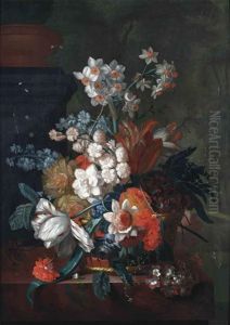 Tulips, Peonies, Roses And Various Other Flowers In A Wicker Basket, With A Snail On A Marble Ledge by Jacob van Huysum