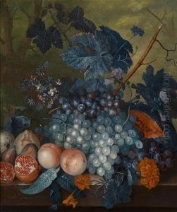 Ein Paar Fruchtestillleben Mit Birnen, Pfirsichen, Trauben, Granatapfeln Und Anderen Fruchten (pair) by Jacob van Huysum