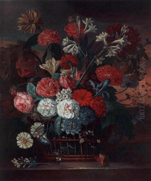 A Still Life Of Roses, Lilies, Carnations, Anemonies, Marigolds And Other Flowers In A Basket - view 1