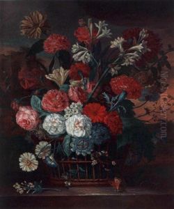 A Still Life Of Roses, Lilies, Carnations, Anemonies, Marigolds And Other Flowers In A Basket by Jacob van Huysum